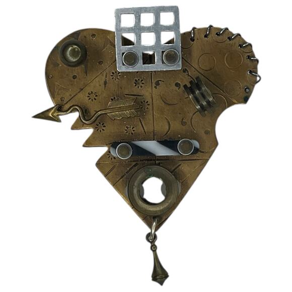 Vintage Signed Thomas Mann Techno Romantic Bronze Mixed Metal Heart Pin Brooch - Picture 5 of 10